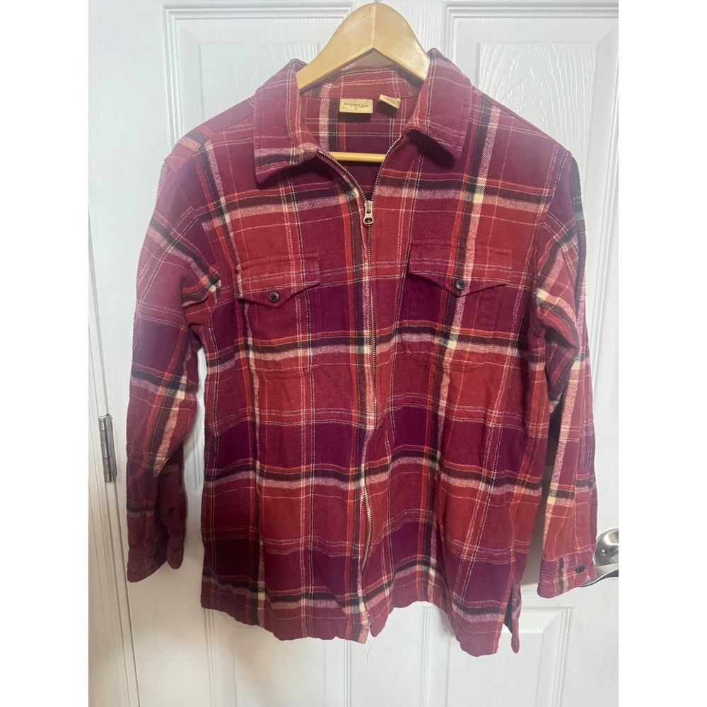 Mountain Lake Red Purple Plaid Full Zip Flannel Shirt Women Medium Cotton